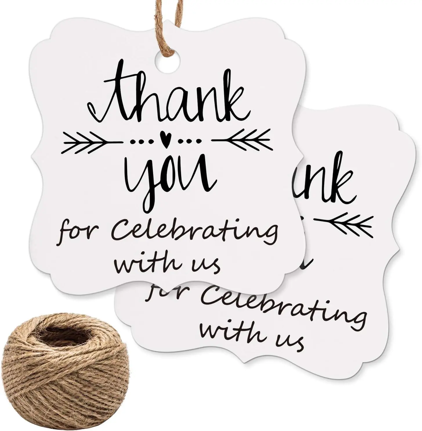 100 White Thank You Tags for Wedding, Birthday,  Shower & Party Favors - Paper  Tags with Jute String
