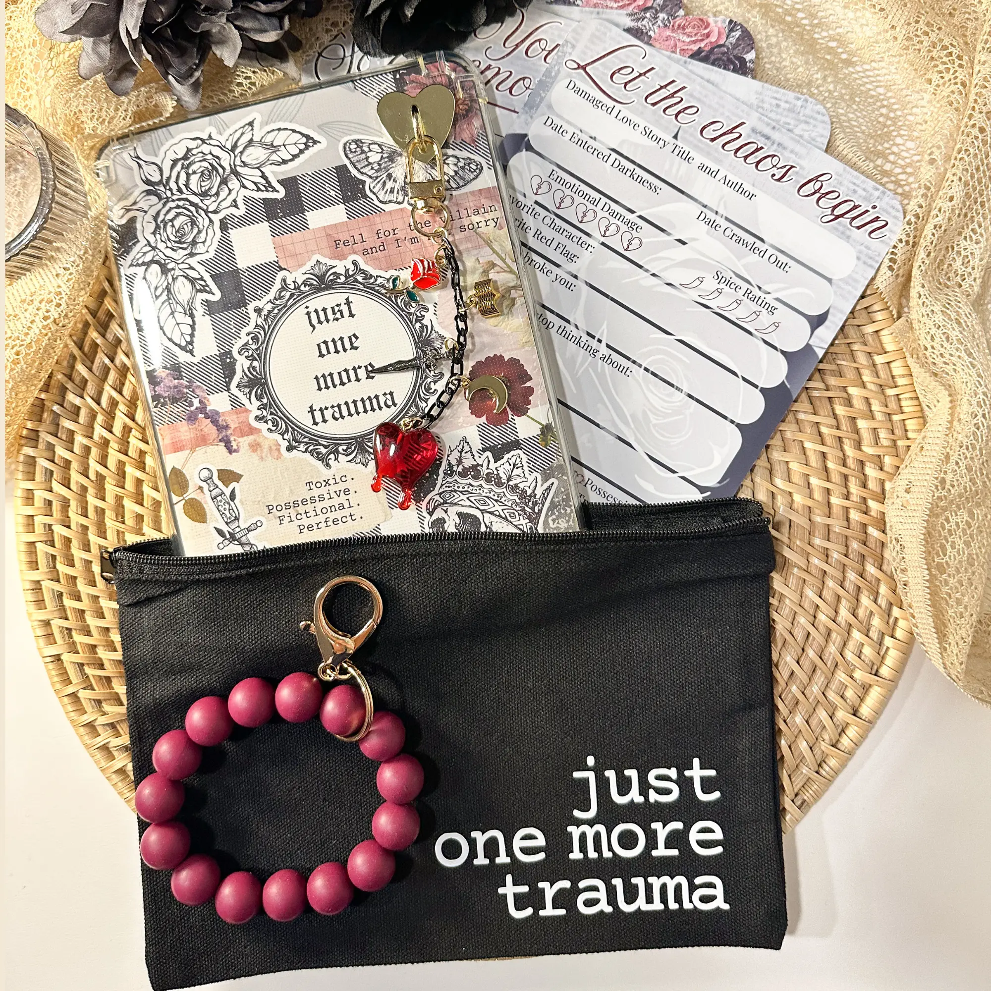 Dark Romance Kindle Bundle for Book Lover Gift Reader Accessories : Kindle Case Insert, Kindle Charm, Remote Page Turner Holder, Book Review