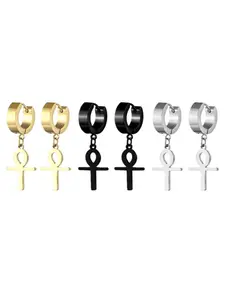 Premium Stainless Steel Ankh Egyptian Cross Dangle Hinged Huggie Hoops Earrings, Trendy Jewelry for Men Women Boys