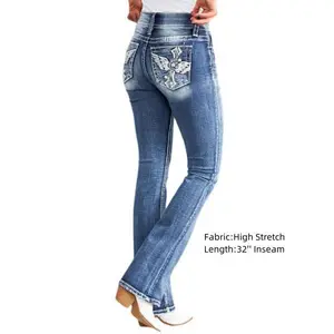 Washed Embroidery Button Up Mid Rise Flare Jeans Fit Denim