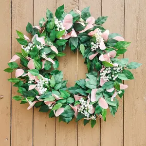 Pink & Green Greenery Wreath - Floral Design with Greenery and Pink Flowers, Ideal for Home Decor
