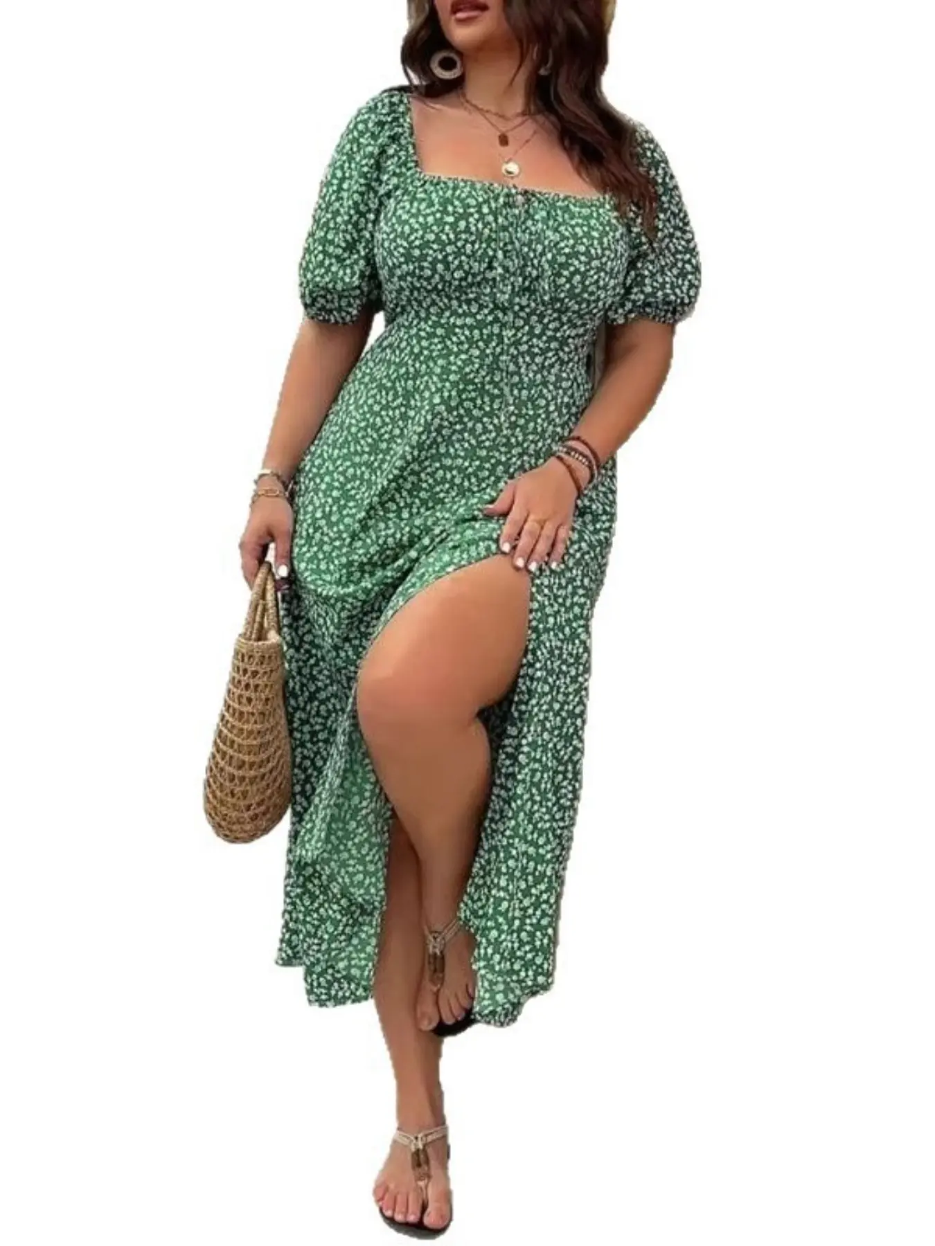 Plus Size Ditsy Floral Bohemian Split Casual Dress, Bubble Sleeve Tie Summer Daily Wear, Plus Size Women's Dress, Comfortable and Stylish, Boho Casual Comfy, Perfect for Everyday