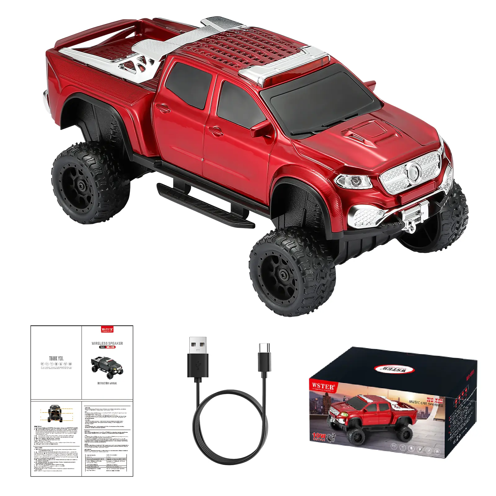 WSTER WS-X65 Pickup Truck Replica Portable Speaker - Bluetooth Amplifier, 50Hz Bass, Multi-Channel, Wireless Streaming, Palm Size, HD Sound, FM Radio, TWS Stereo, LED Party Lights, USB/TF Playback, USB Type-C, Built-in Mic, Outdoor/Home Use (Red), Bluetoo