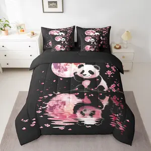 Cute Panda Comforter Set with Sheets,Japanese Cherry Blossom Panda 7 Piece Bedding Set ,Kids Boys Girls Bedroom Room Decor,Sakura Floral Bed in a Bag,Floral Panda Bed Set