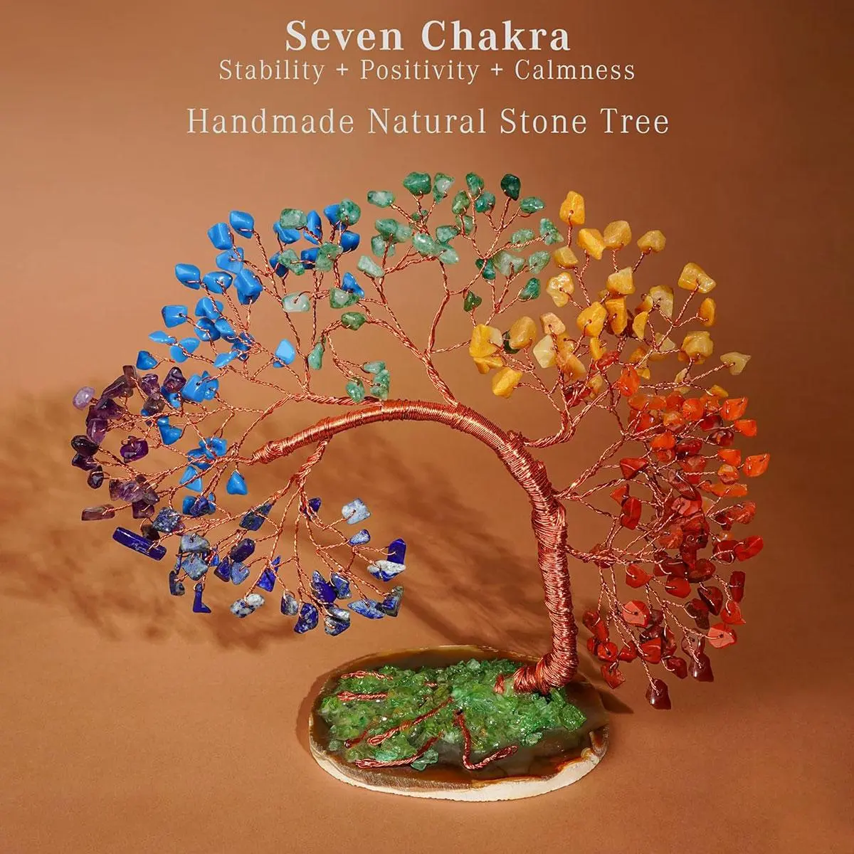 1pc Handmade 7-Chakra Crystal Lucky Tree, Copper Wire Wrapped with Natural Agate Base, Feng Shui Money Tree for Home & Office, Feng Shui Ornaments, Home Office Decoration, Room Decor