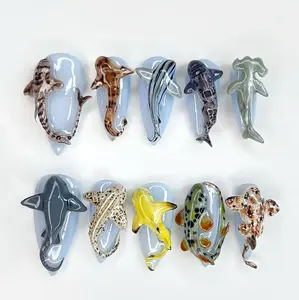 Trending Summer Deep Sea Shark Press On Nails, Handmade Ocean-Inspired Nail Art, Unique 3D Shark Nails, Shark & Ocean Theme Nail Art, Marine Life Fake Nails