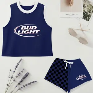 Bud Light Women’s Crop Top and Sport Shorts Set, Blue Checkerboard Athletic Summer Lounge Outfit, Gift for Her