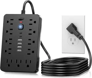 6 FT Flat Plug Surge Protector Power Strip,11 Multiple AC Outlets with 6 USB Ports (2 USB C), 6  Extension Cord, 1250W/10A, One Touch  Button, 17 in 1 Compact powerstrip