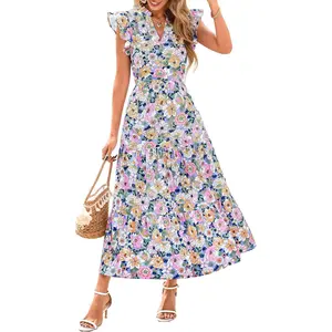 Women Floral Midi Dress Cap Sleeve V Neck Ruffle Flowy Boho Summer Beach Vacation Casual Long Dress