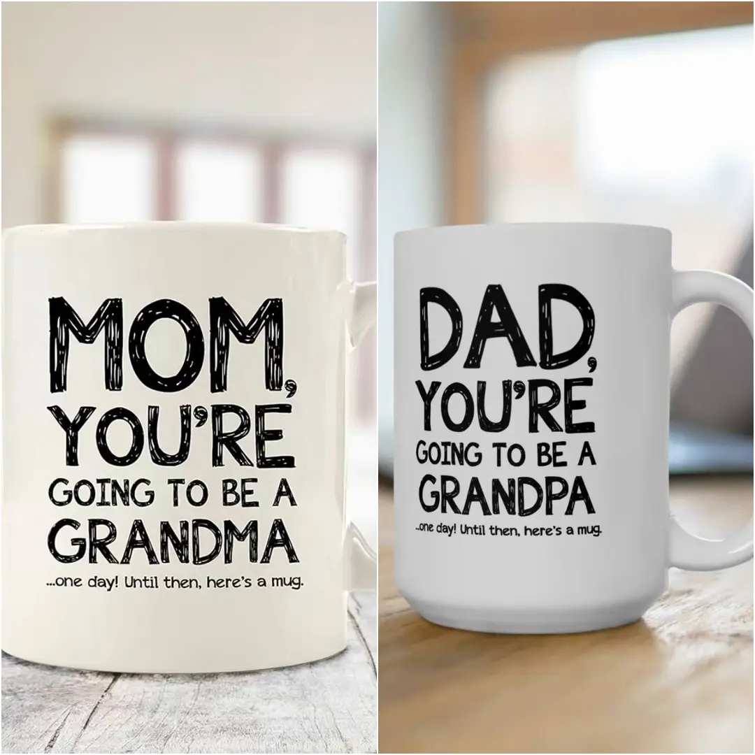 Mom, Dad You're Going to be a Grandma, Grandpa Funny Coffee Mug - Unique Gag Birthday Present Idea - White Ceramic Mug