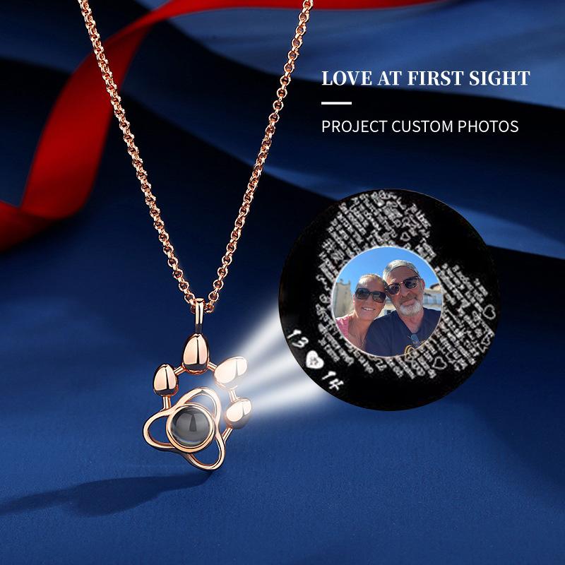 Custom Photo Projection Necklace - Copper Chain Jewelry Necklaces with Nano-Scale Micro-Engraving, Cat Paw/Dog Tag/Palm Print Designs, Unisex Personalized Anniversary Gift for Mom, Valentine's Day Fashion Costume Accessory