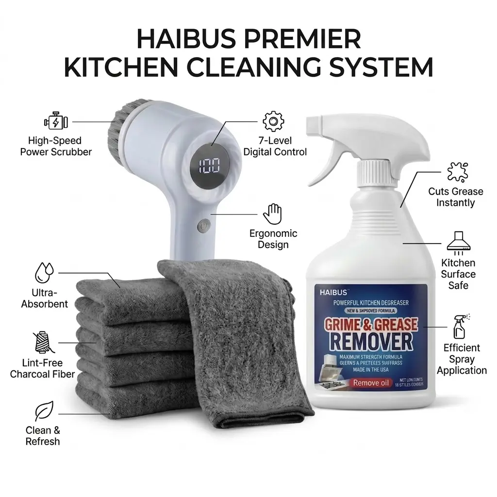 Free Electric Scrubber + Cleaning Towel Included (Value $35), 600ml Cleaning Bundle Set, Natural Enzyme Formula Kitchen Grease Cleaner Spray, Enough for 1 Year Use, Fast Acting, Heavy Duty, Stubborn Grease Remover, Non-drip Foam, Multi-Surface Safe