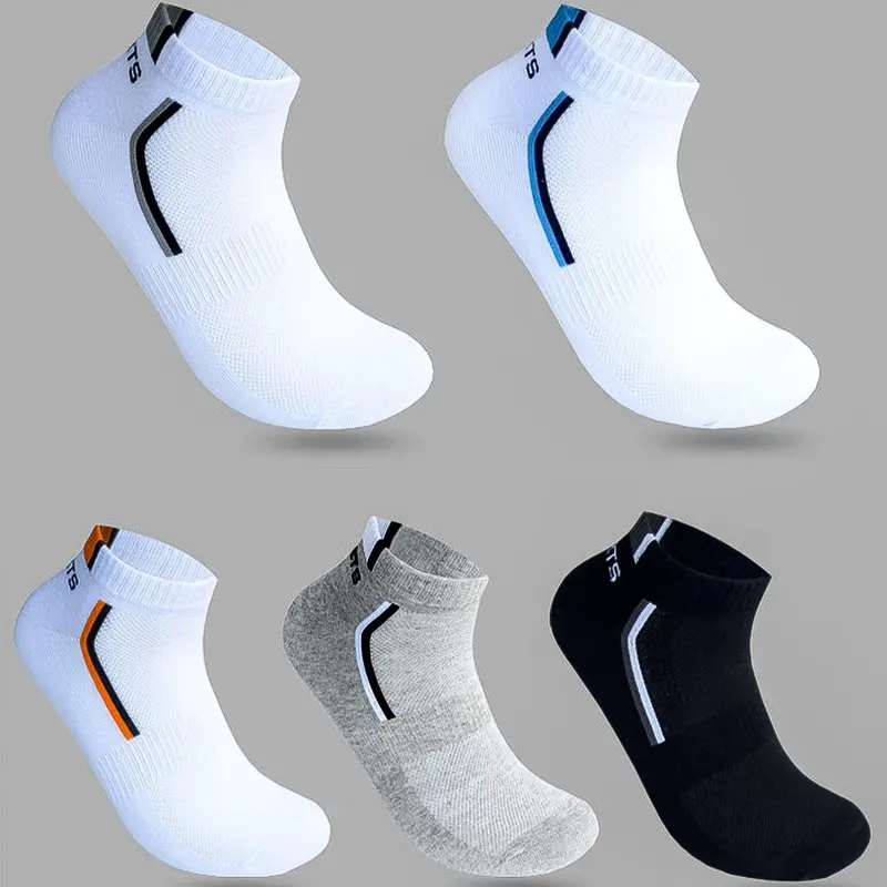 Summer 5/10 Pairs Colorblock Striped Letter Print Socks, For Birthday And Holiday Gifts, Low Cut Comfy Socks For Men, Ankle Athletic Running Socks, Ankle Socks, Polyester Athletic Socks