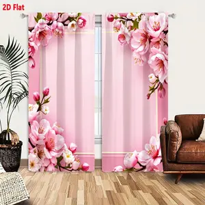 2D Flat Pink Background with Golden Square Frame Cherry Blossom Curtain 2-Piece Set, Delicate Pink White Flowers & Buds Floral Border, Romantic Spring Decorative Curtains for Living Room Bedroom, Soft Elegant Design, Home Decoration Curtain