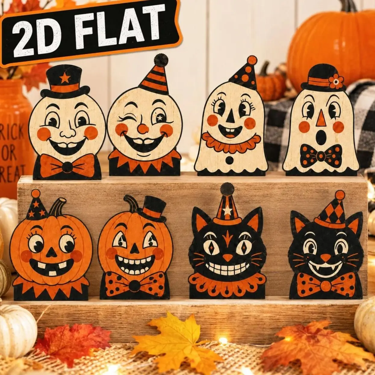 Vintage Halloween Decor Indoor, Retro Wooden Block for Shelf Decor, Cute Ghost, Pumpkin, Black Cat, Moon, Housewarming Gift