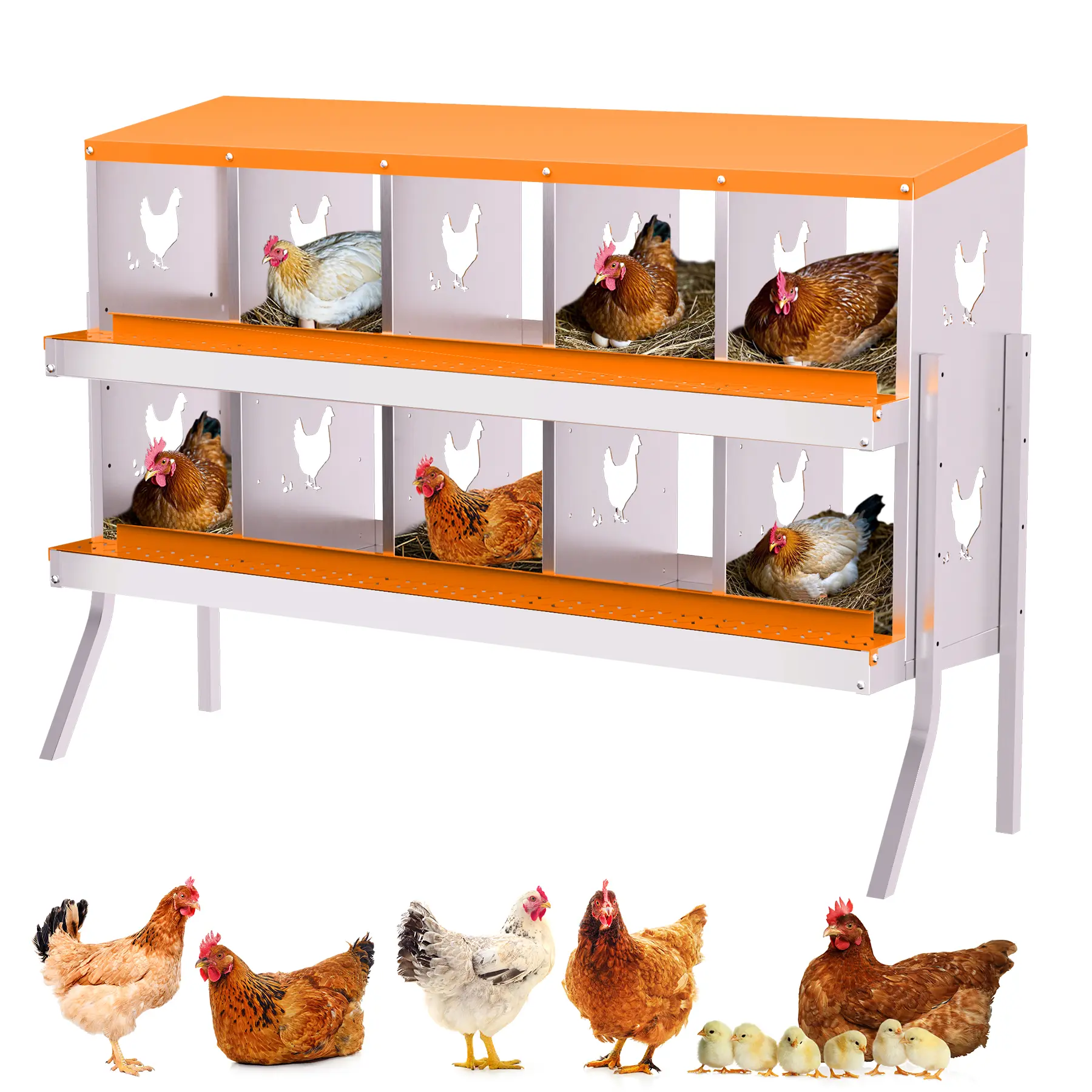 YJ-Garvee Roll Away Chicken Nesting Box , 6/8/10-Compartment  Galvanized Metal Laying Box with Egg Collection Tray,With Stand / Without Stand, Perch & Lid, Ventilated Easy-Clean, Wall/Floor Mount - Blue/Orange