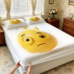 3Pcs Yellow Emoji Print Fitted Sheet Set, Multiple Styles, Soft, Comfortable and Breathable, Bedding Suitable for Bedroom, Suitable for All People, Ideal Gift Choice (Without Filler and Pillow Insert)