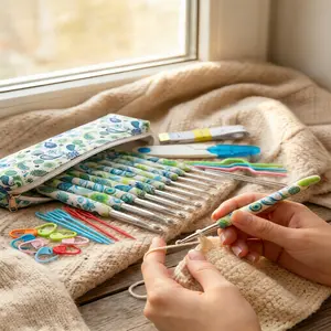 42 counts Crochet Hook Set with Storage Bag Cashew Pattern Crochet Hooks Ergonomic Crochet Needle Complete Crochet Accessories with Stitch Markers Needles Tape Measure Scissors for Beginner DIY Crafts