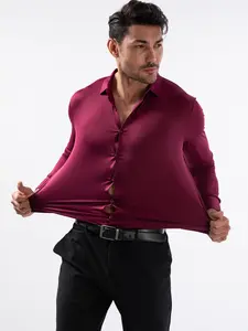 Men's High Elastic Long Sleeve Shirt, Wrinkle-Resistant, UV Protection, Anti-Tear, Slim Fit, Business Casual, All Seasons