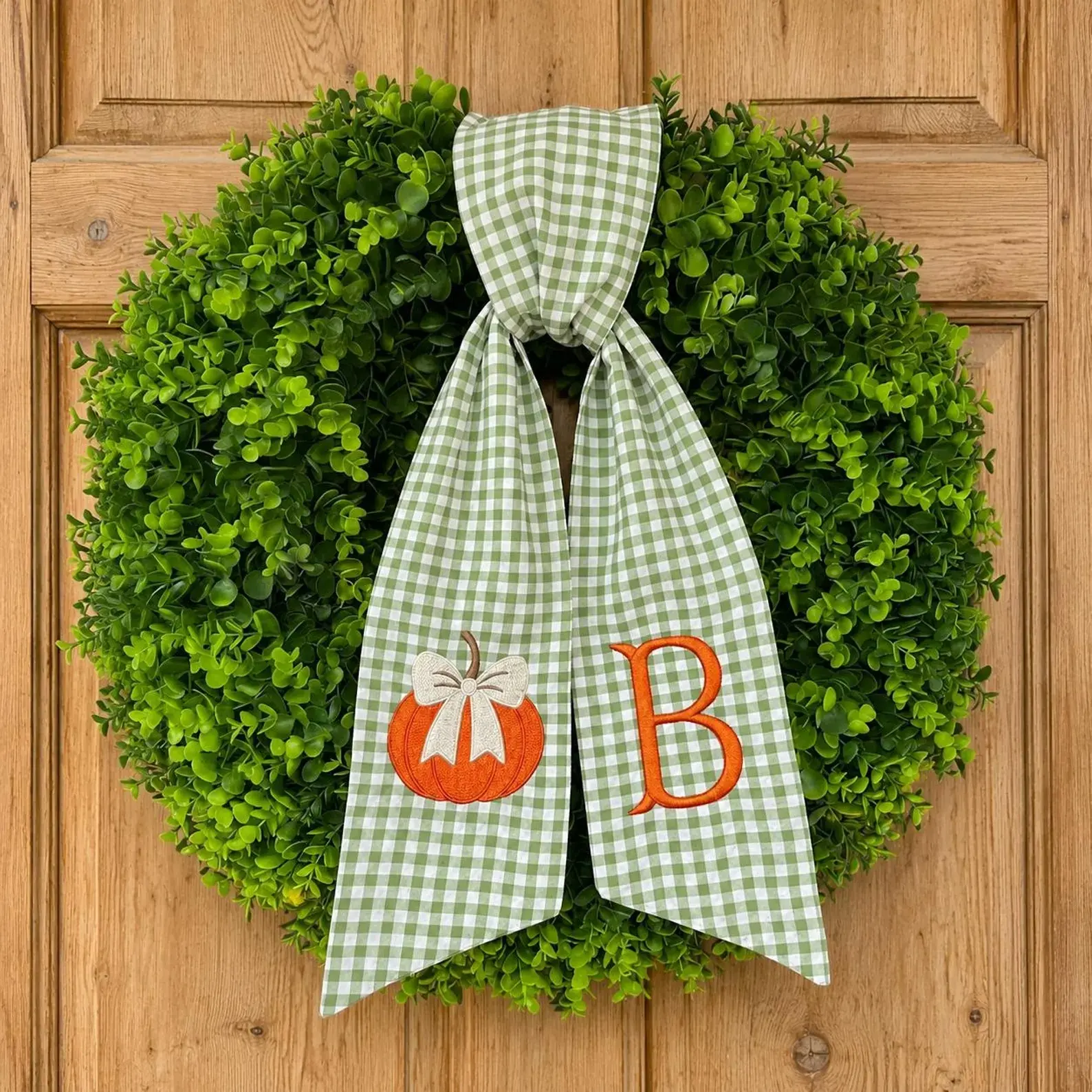Personalized Custom Pumpkin Gingham Fall Wreath Sash, Fall Wreath Scarf with Initial, Monogram Thanksgiving Decor, Cozy Season Gift