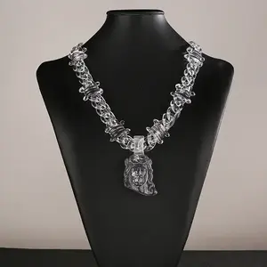 Leavitt Jesus Pendant Clear Barbed Wire Chain Necklace for Men Women Boys Girls 50cm Length 70g Weight Trendy Daily Wear Streetwear Birthday Christmas Gifts Party Accessories Acryl Rhinestone Cuban Link Religious Jewelry