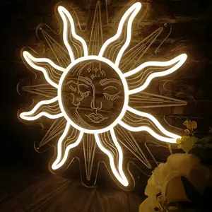 USB Powered Plastic Neon Light, Bohemian Sun and Moon Design, Retro Burning Sunflower LED Wall Decor for Bedroom and Living Room