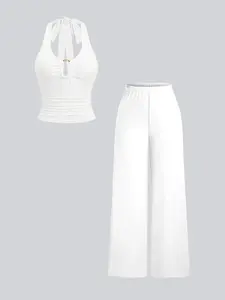 Two-Piece Set Women's Solid Halter Neck Crop Top & Wide Leg Pants, Casual Ruffle Trim Top & Palazzo Pants for Summer, Ladies Clothes for Daily Wear, Suits, Flared Pants Set, Clothing Sets