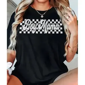 Boy Mama Checkered Cotton T-Shirt With Bold Message For Trendy Moms