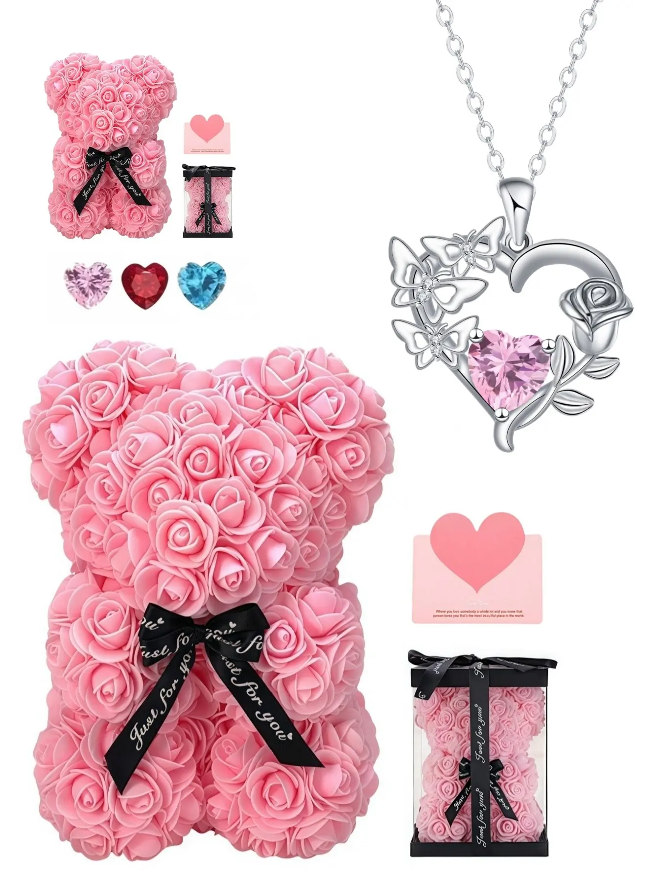 Rose Butterfly Weave Heart Pink Flame Luxury heart & butterfly gem necklace, Jewelry Gifts, paired with a preserved rose & teddy bear gift box, perfect gift for birthdays, Valentine's Day, Mother's Day and Christmas