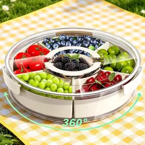 Portable Picnic Box Divided Serving Tray with Lid Handle 6 Compartment Snackle Box Container Rounded Veggie and Fruit Organizer for Charcuterie Snacks Travel Picnic Kitchen Party Home Supplies