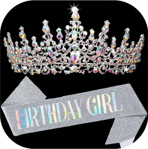 BIRTHDAY GIRL Sash for Women Happy Birthday Sashes and Crowns for Girls Crystal for Princess Silver Party Decoration for Gift Headband Supplies Accessories Favors
