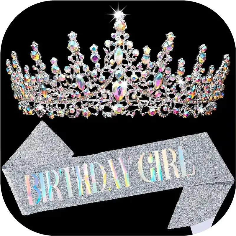 BIRTHDAY GIRL Sash for Women Happy Birthday Sashes and Crowns for Girls Crystal for Princess Silver Party Decoration for Gift Headband Supplies Accessories Favors