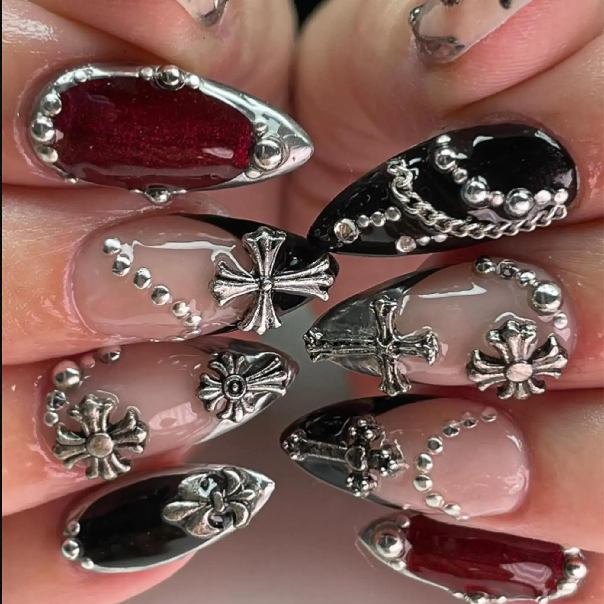 Handmade Gothic Cross Press On Nails | 3D Silver Chains, Studs, Burgundy & Black Tips with Metal Charms | Stiletto Nails for Punk Vibe