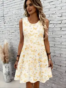 women's round neck sleeveless dress Yellow Floral Print With Gray Accents print light and breathable fresh and sweet style leisure vacation, date outfit design comfortable slim fit spring summer party