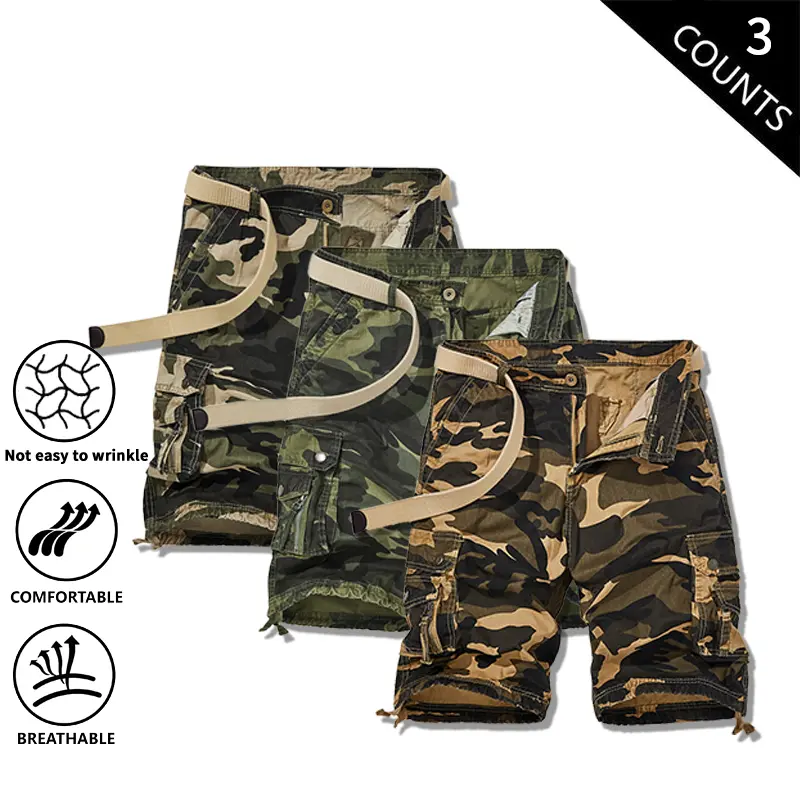 Men’s 3-Pack Camouflage Cargo Shorts - Menswear, Baggy Long Style, Knee-Length, Loose Fit for Easy Movement, Multi Pockets, Durable Breathable Soft Fabric, Casual Street Outdoor Pants, Camo Jorts, Breathable Soft Shorts