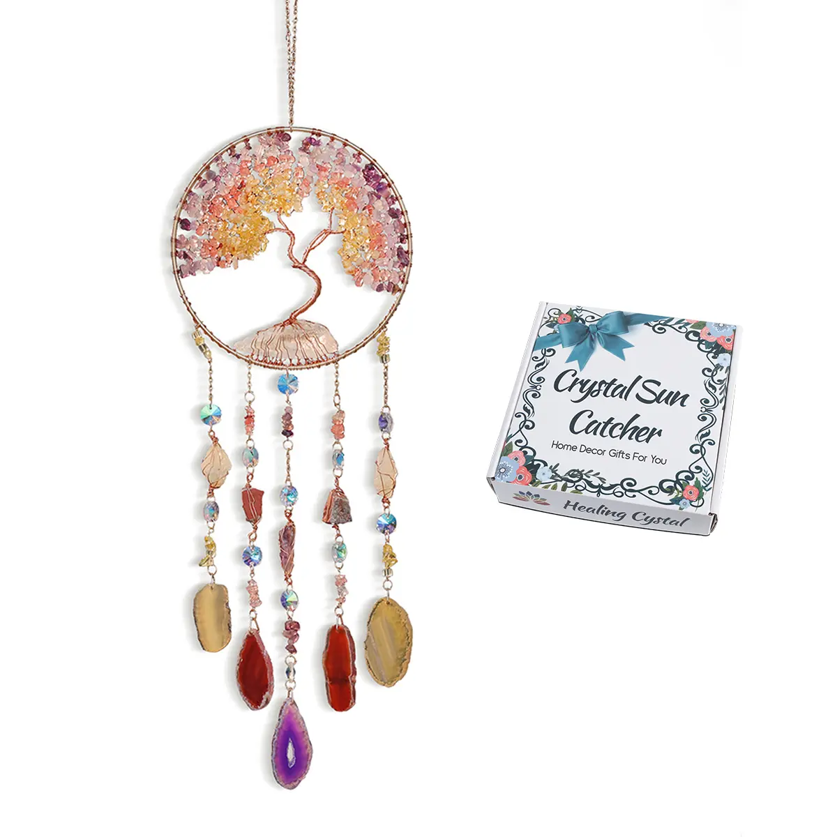 Multicolor Tree of Life Stone Hangable Ornaments, Handmade Dream Catcher Net Wind Chime Pendant, Wall & Home Garden Hanging Decor, Creative Christmas Gifts for Friends