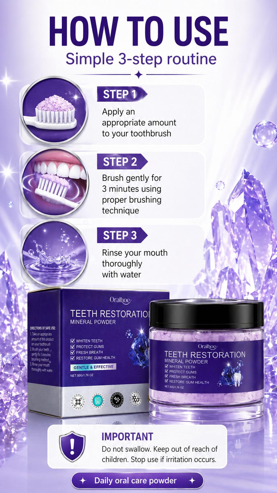 Hydroxyapatite Teeth Whitening Powder, Purple Mineral Tooth Powder for Yellow Teeth, Gentle Peroxide-Free Oral Care, Fresh Breath & Daily Gum Support