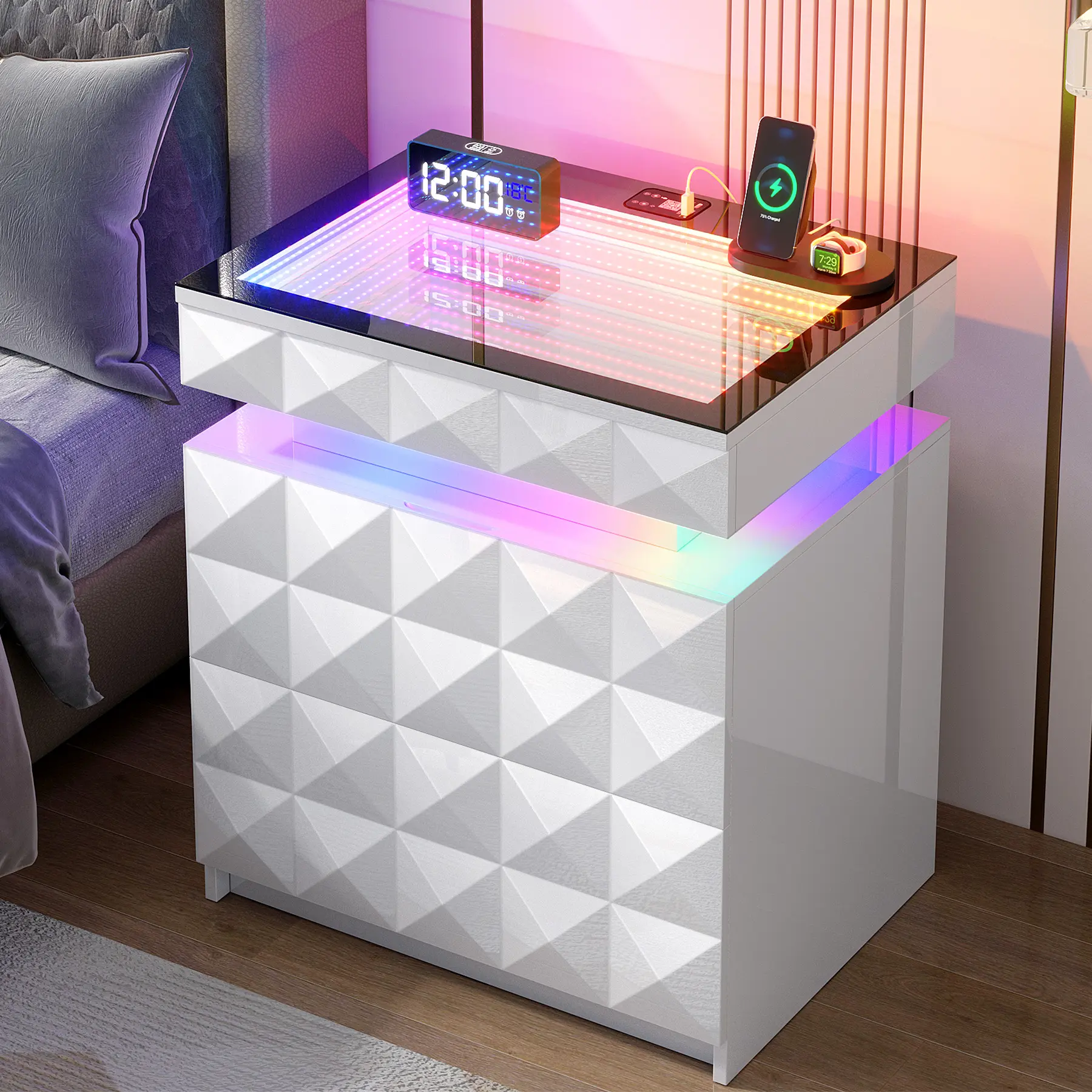 Dystler Modern Rectangular Bedroom Nightstand - Lockable 3-Drawer Multiple Drawers Furniture with Charging Station, Sliding Expandable Tempered Glass Top, Hidden Storage Expandable Top (Assembly Required), Modern Bedroom