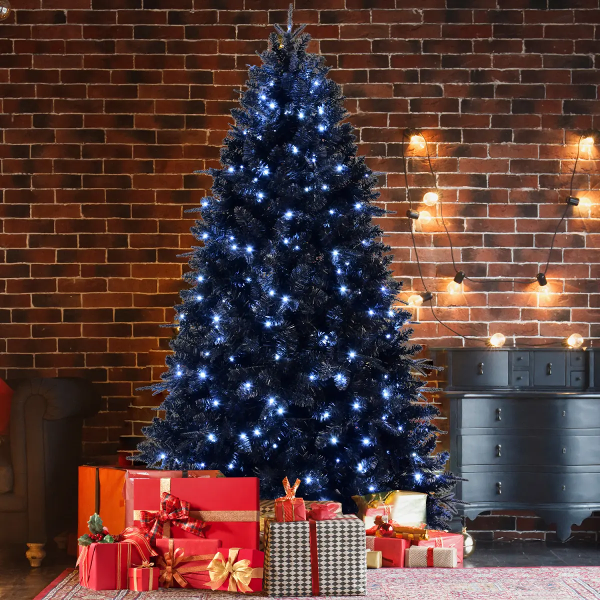 5/6/7/7.5/8/9ft Black Christmas Tree with White LED Lights, 2486 Tips PE+PVC Artificial Tree for Halloween & Holiday Decor, Hinged Structure with Stable Metal Stand
