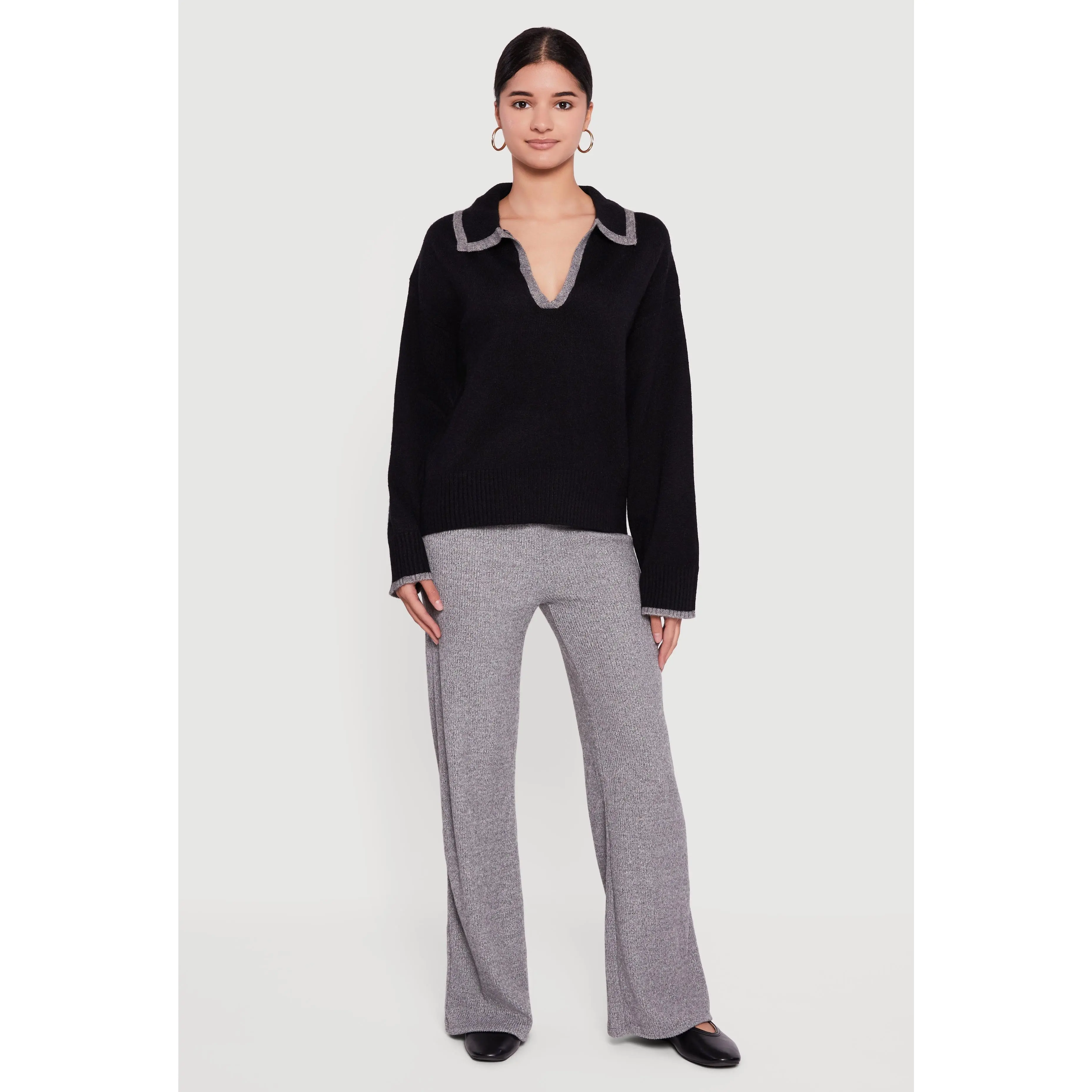 Contrast Trim Johnny Collar Polo Sweater