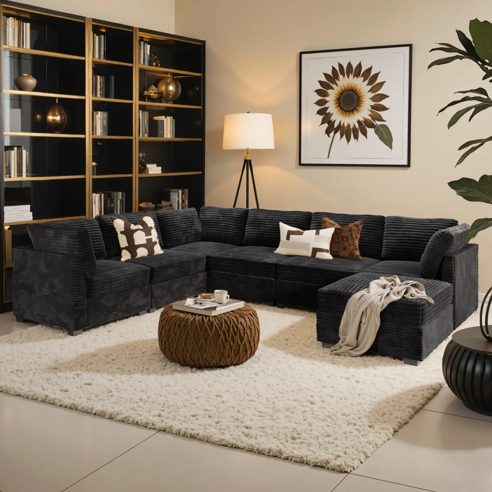 Black Corduroy 3 Corner + 3 Middle + 1 Ottoman