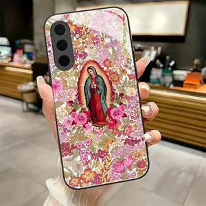 Floral Virgin Mary  2D pattern Black Frame Glass Protective Phone Case suitable for Samsung Galaxy A36 A12 A13 A14 A15 A16 A23 A24 A25 A26 A32 A33 A34 A35 4G 5G new model Individual Design,Unique Phone Case，ideal holiday gift