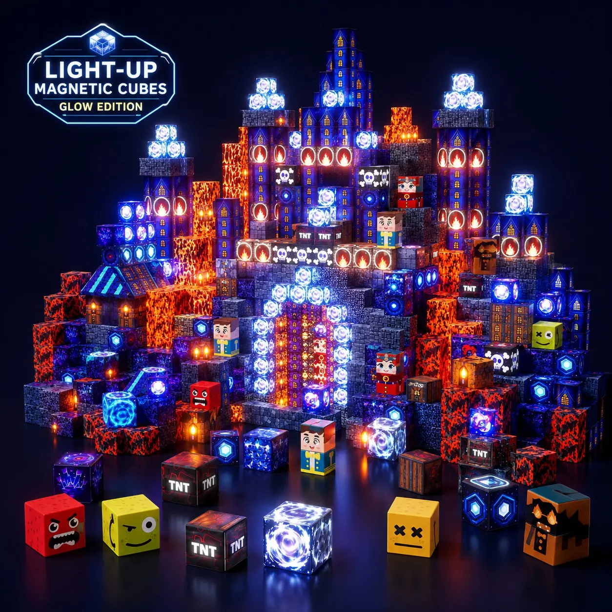 Magnetic Building Blocks Set, Blue Castle with LED Lights, Stem Montessori Toy, Safe Creative Play, Ages 3+, Christmas Gift, Light Up Magnetic Blocks, Magnetic Construction Set, Castle Building Kit