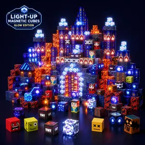 Magnetic Building Blocks Set, Blue Castle with LED Lights, Stem Montessori Toy, Safe Creative Play, Ages 3+, Christmas Gift, Light Up Magnetic Blocks