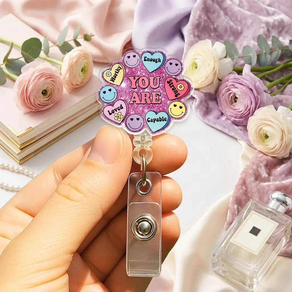 Positive Affirmation Badge Reel, Pink Glitter Mental Health Retractable ID Holder, Cute Acrylic Slogan Nurse Name Tag Clip, Gift