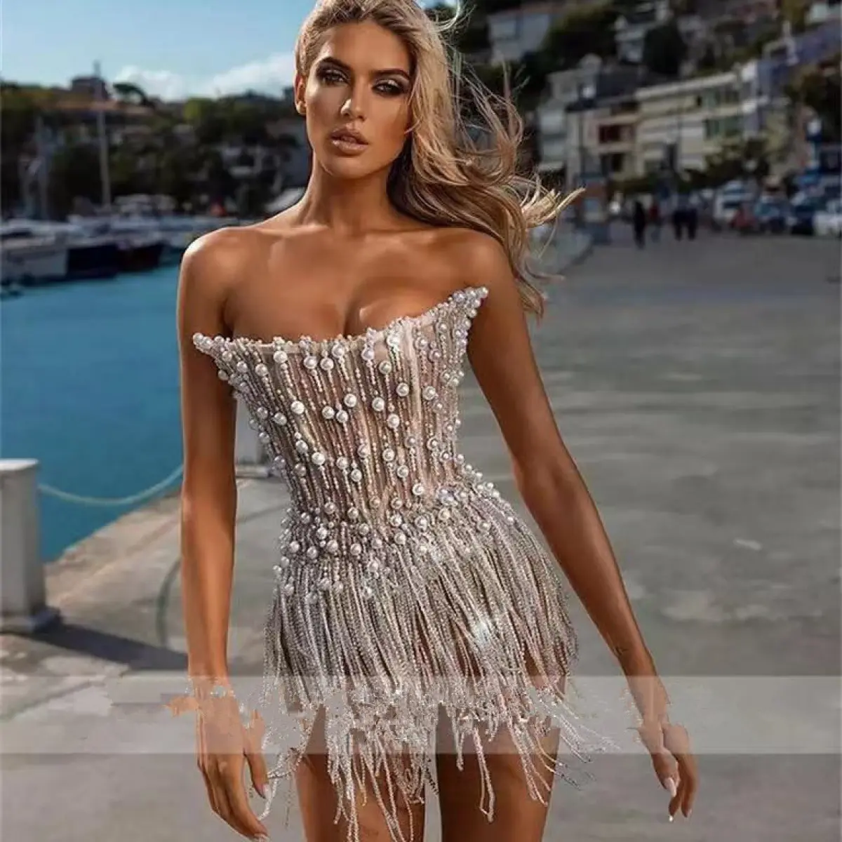 Women's Sleeveless Sequin Tassel Pearl Stripe Slim-Fit Mini Dress - Formal Wear for Elegant, Chic Modern Cocktail Parties, Sparkly, Chic Party, Polyester Knit, Bachelorette Party, Going Out