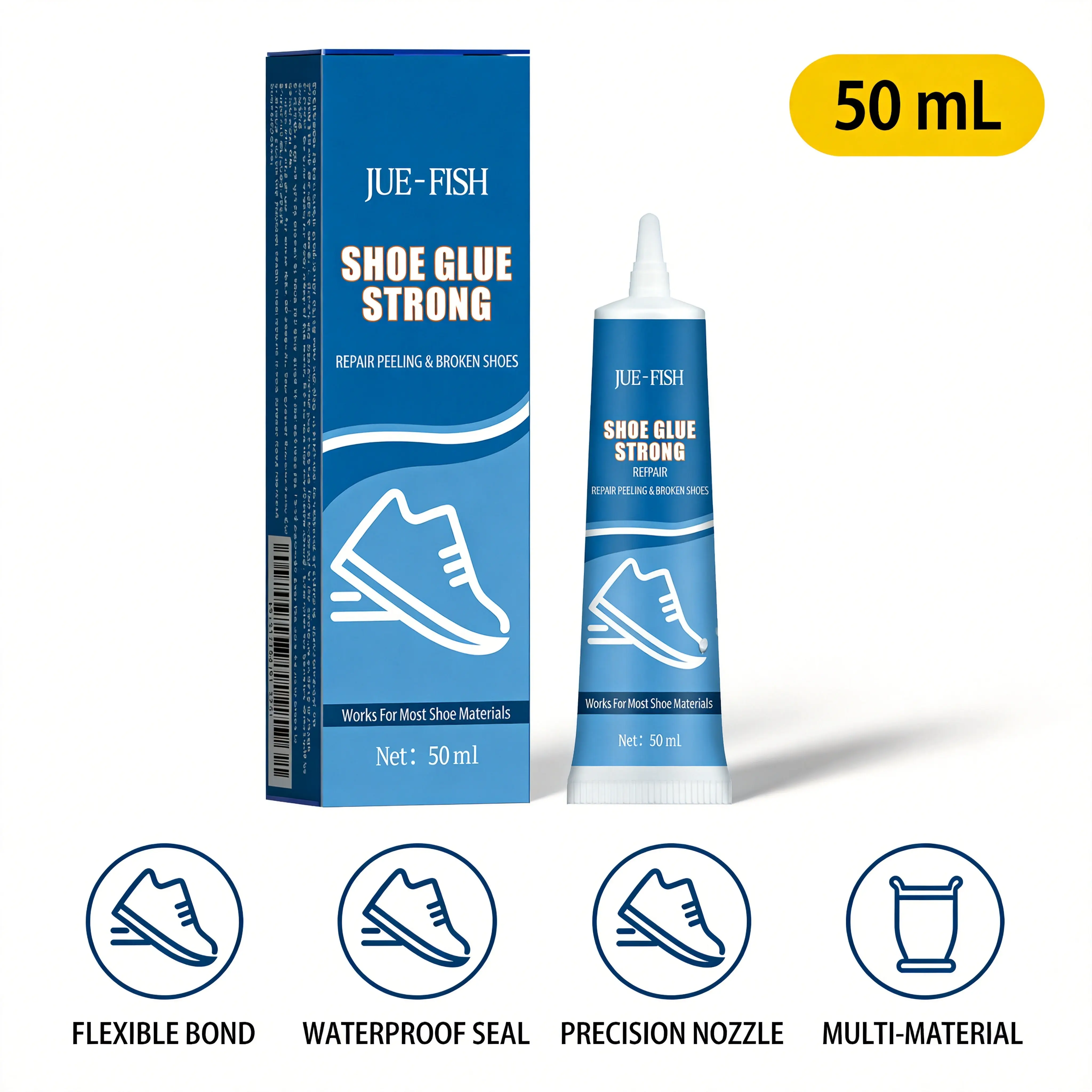 Shoe Glue Sole Repair Adhesive, Strong Waterproof Bond for Sneakers, Boots, Leather & Rubber Shoes, Fixes Delaminated Soles, Heels & Footwear, 50ml