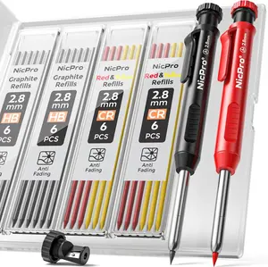 Nicpro Mechanical Carpenter Pencil Set with Sharpener, 26 Refills, Case, Deep Hole Marker - Heavy Duty Technical Drawing Tool for Architects (Black, Red)