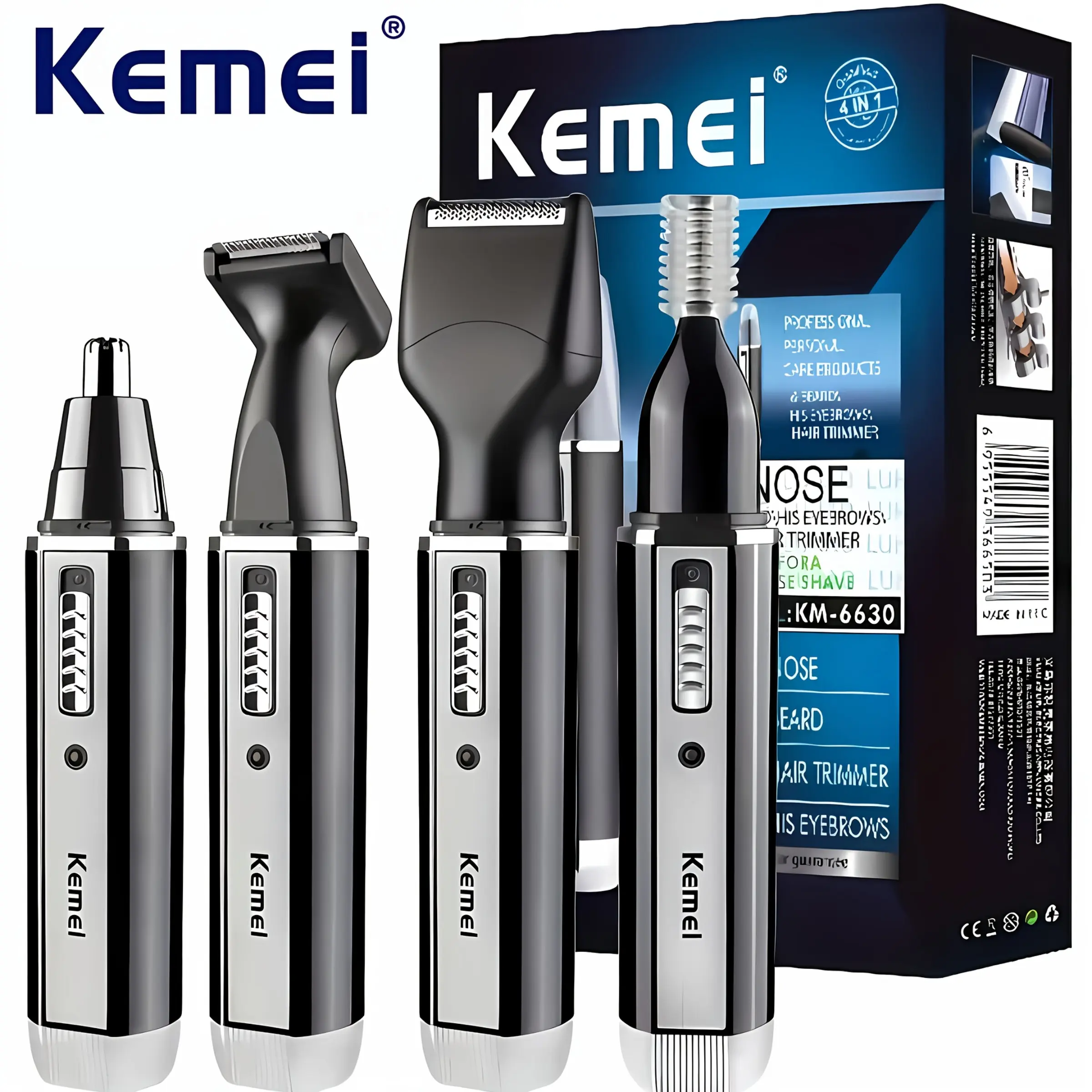 Kemei Km-6630 4-In-1 Multi-Function Trimmer Kit Nose Hair Trimmer, Waterproof Shaver, Ear Hair Brush, Beard Groomer, Electric Razor