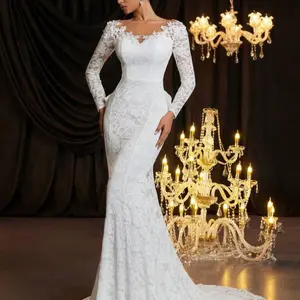 Glamrae Elegant Luxurious White Contrast Lace Detail Sheer Long Sleeve Bodice And Classic French See-Through Lace Tight Corset Boning And Fan Shaped Hem Mesh Thin Tulle Mermaid Wedding Dress With Long Train, Bridal Dress